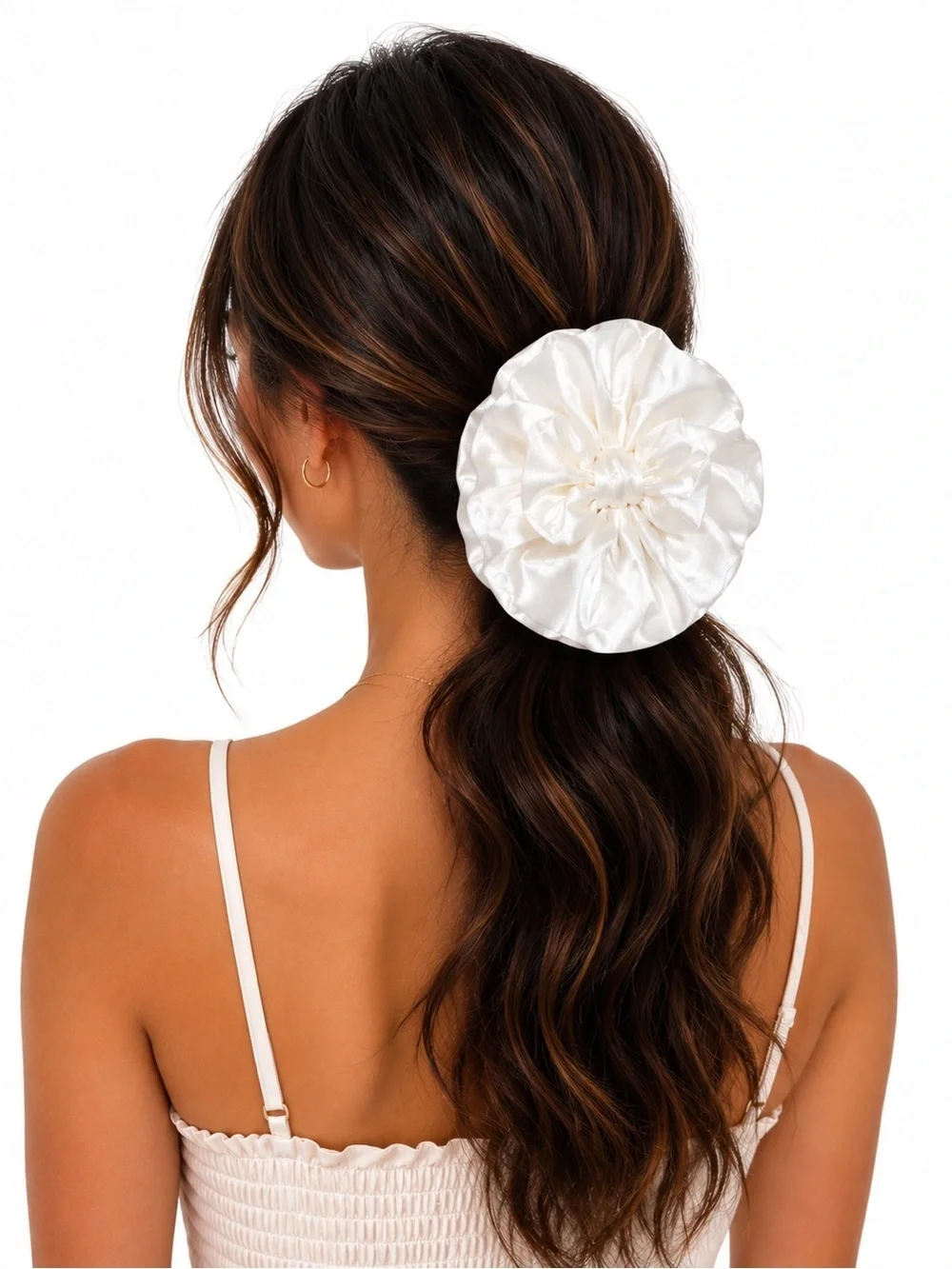 Free People White Satin Oversized Bow Scrunchie Handmade Statement Hair Tie NWT